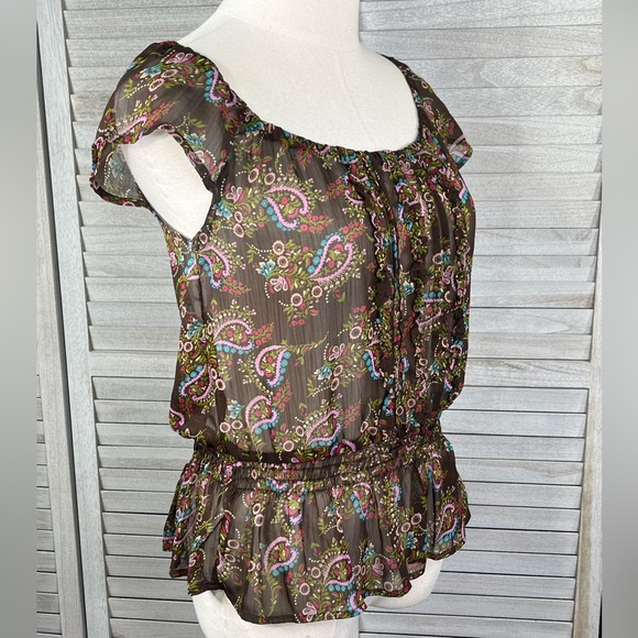 MOSSIMO SUPPLY CO Peplum Blouse Short Sleeve Sheer Brown Floral-Small - Picture 2 of 3